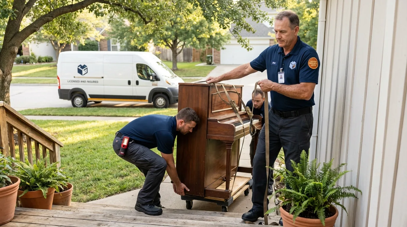 Licensed piano movers securing grand piano in Newton, IL