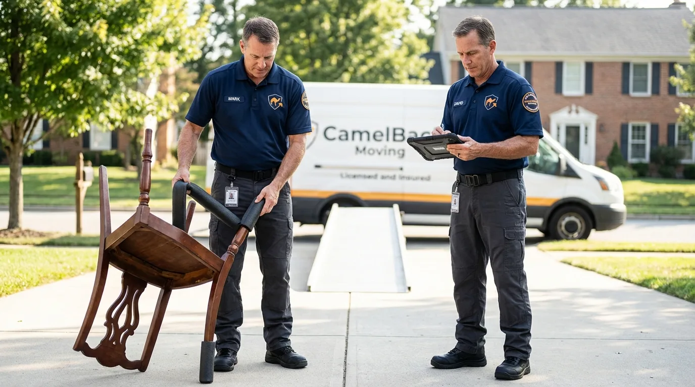 Movers inspecting furniture for damage prevention before loading in Newton, IL